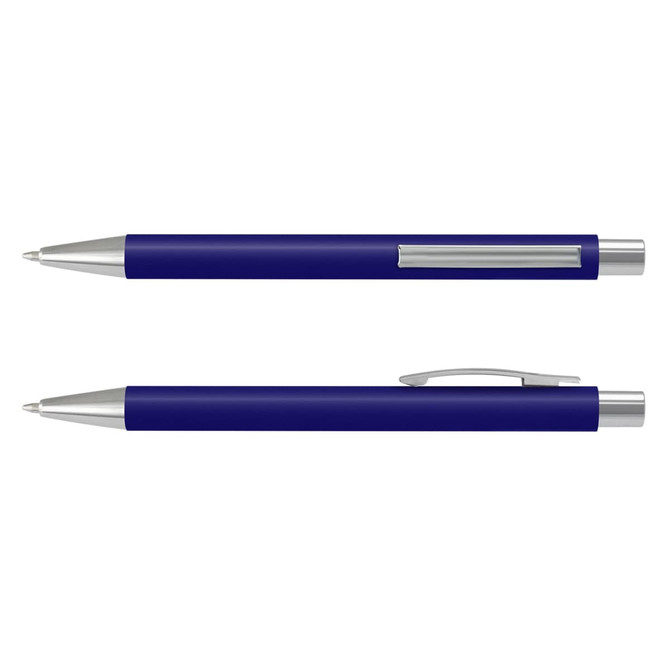 A blue soft-touch pen with silver accents, featuring a clip and a smooth writing tip. It has a simple logo.