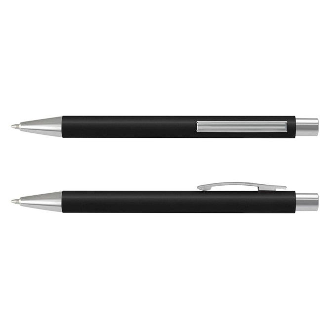 A black Lancer Soft-Touch Pen with silver accents, featuring a sleek design and a branding logo.