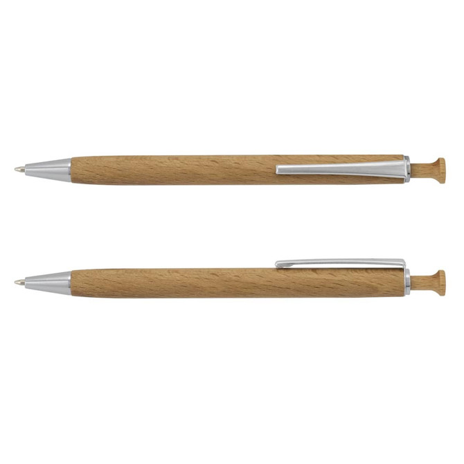 A wood pen with a natural finish and silver accents, featuring a sleek design and a clip.