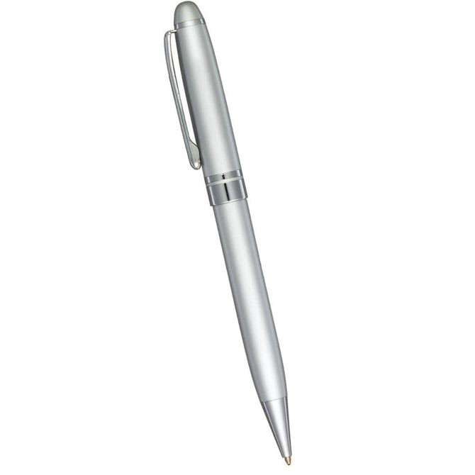 A metal ballpoint pen in silver with a sleek design and a clip for easy attachment. Features a logo.