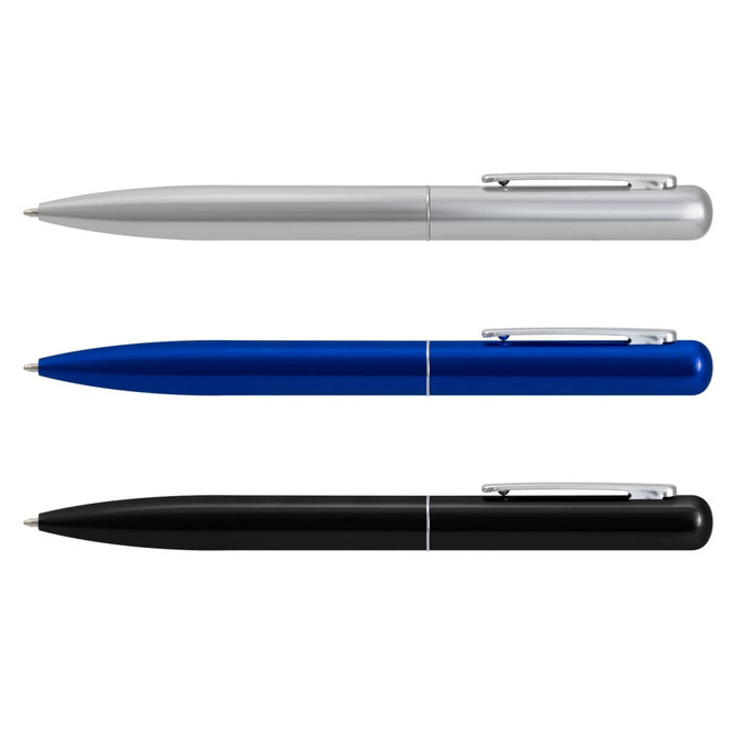 A collection of three metal pens in silver, blue, and black, featuring a clip and sleek design.