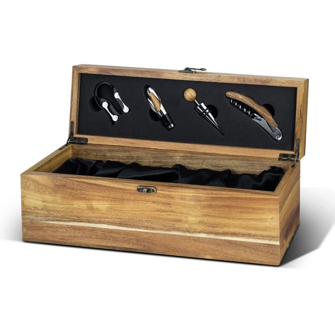 A wooden wine box set featuring a corkscrew, pourer, stopper, and wine collar, all in a black-lined interior.