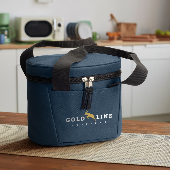 A navy blue cooler bag with a round shape, featuring a zipped closure and a logo on the front.