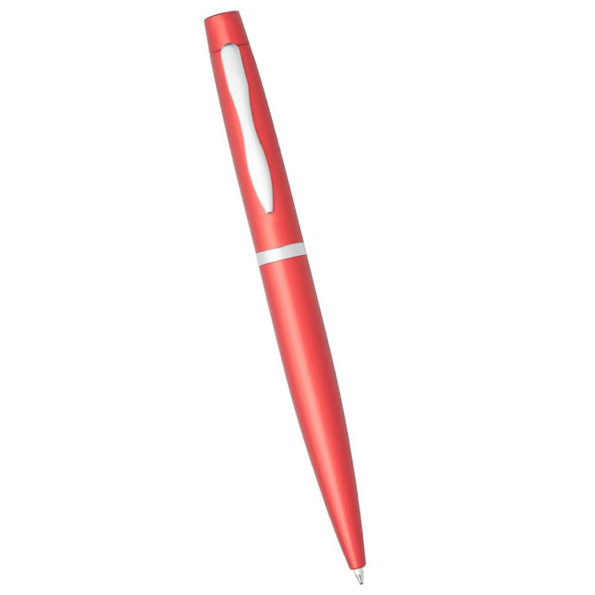 A red metal twist action pen with a sleek design and a logo on the surface.