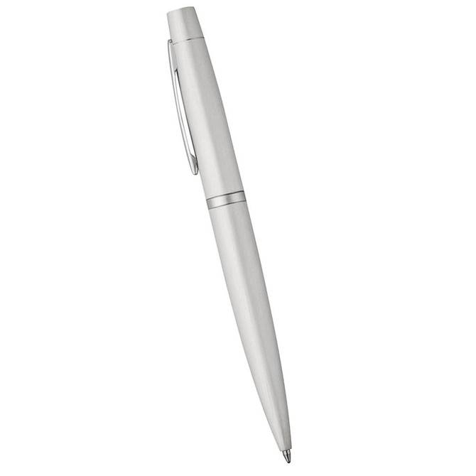 A sleek silver metal pen with a twist action mechanism and a clip, featuring a logo.