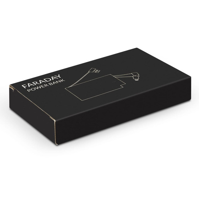 A black packaging box for the Faraday Power Bank, featuring a design with a logo and illustrations of charging cables.