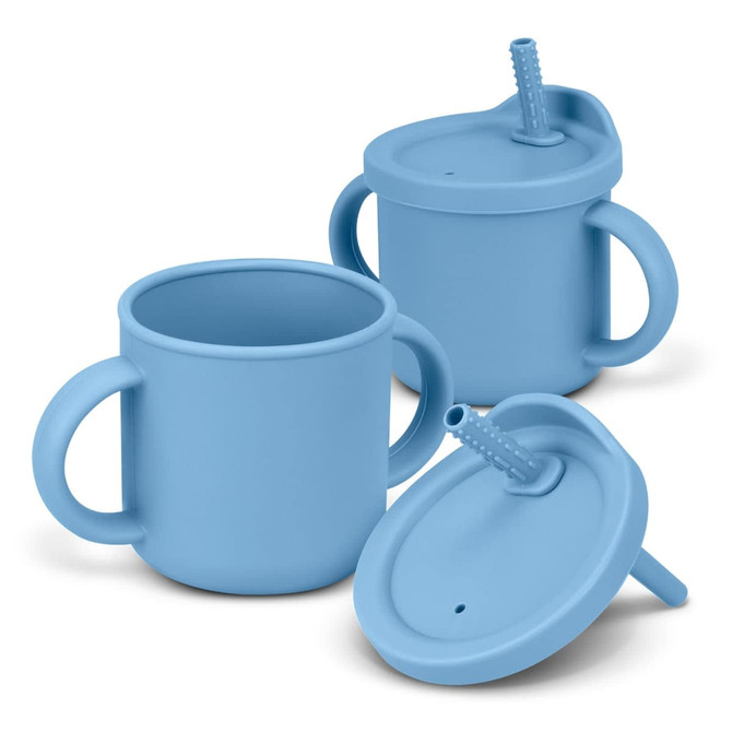 A drink bottle in blue with two handles and a straw lid, featuring a smooth, rounded design and a logo.