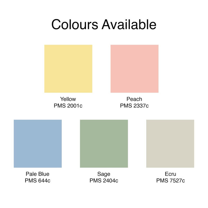 A colour palette featuring five shades: yellow, peach, pale blue, sage, and ecru, with associated PMS numbers.