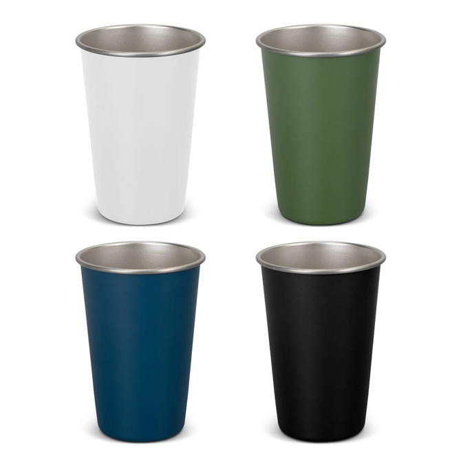 A set of four plastic tumblers in white, green, navy, and black, featuring stainless steel interiors and a logo.