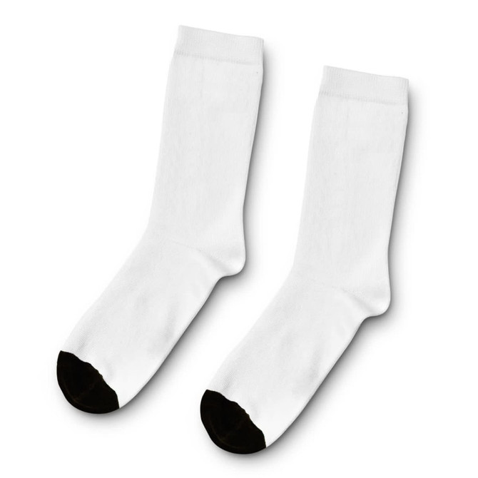 A pair of white crew socks with black toe caps, featuring a logo on one sock.