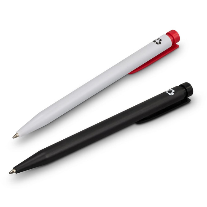 A recycled plastic pen set featuring a red and white pen, along with a black pen. Both have logos.