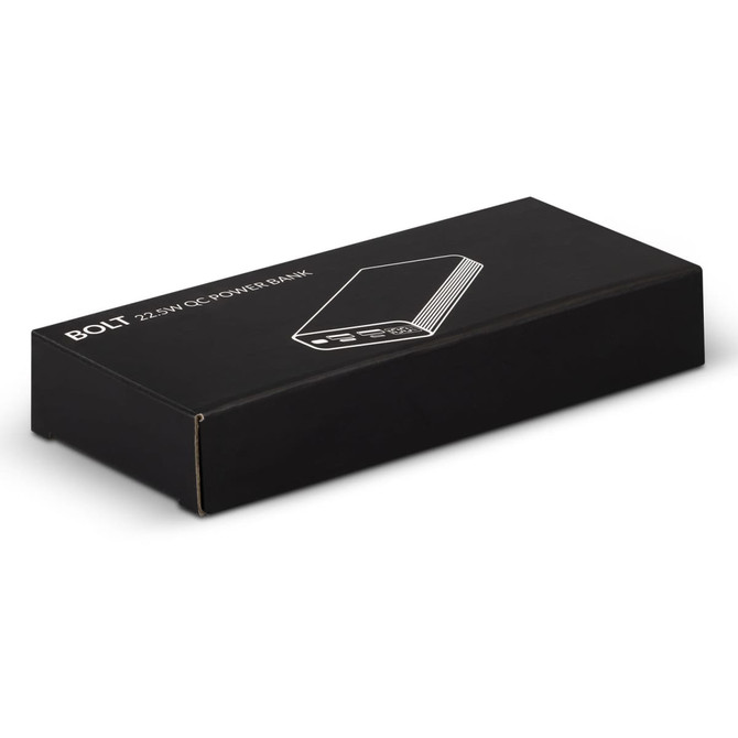 A black box containing the Bolt 22.5W QC Power Bank, featuring a simple design and a logo.