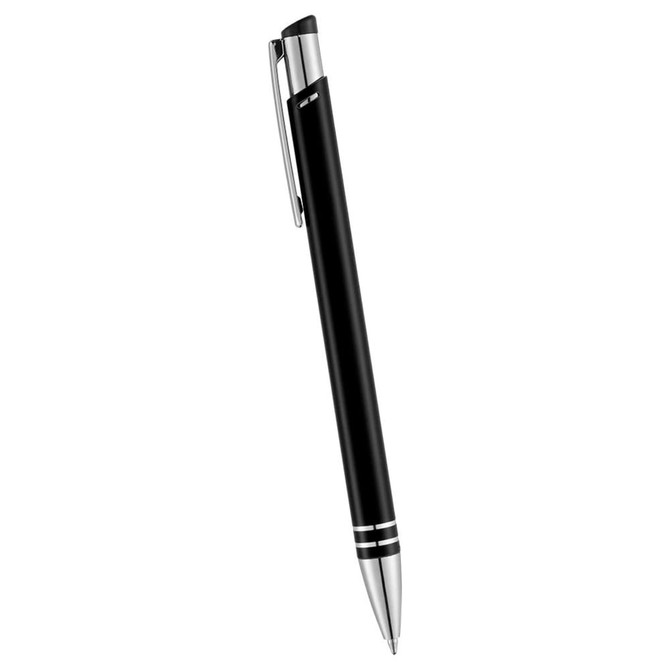A black metal ballpoint pen with a sleek design and silver accents. The pen features a clip and a logo.
