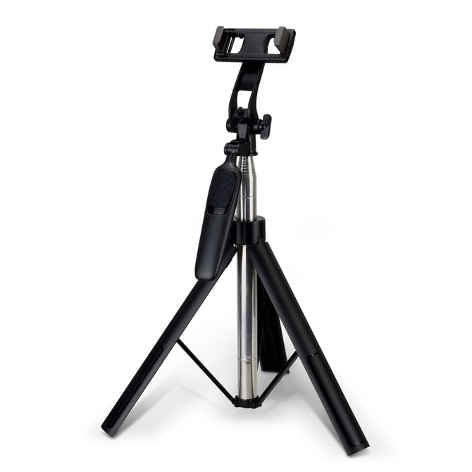 A black tripod with an adjustable phone holder and remote shutter feature.