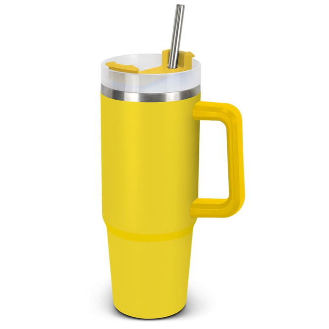 A drink bottle in bright yellow with a stainless steel accent, a large handle, and a straw. It features a logo.