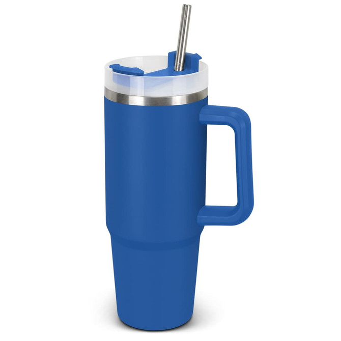 A drink bottle in blue with a stainless steel lid, a handle, and a straw, featuring a logo.