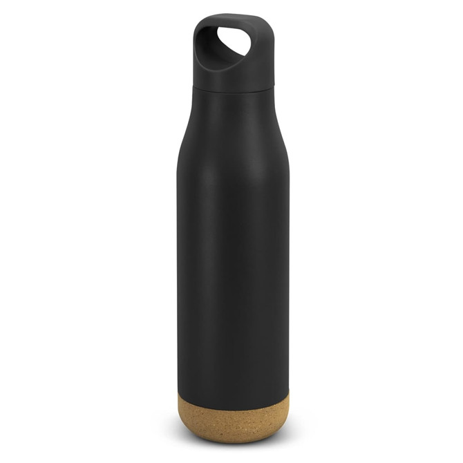 A drink bottle in matte black with a cork bottom and a handle on the lid, featuring a logo.