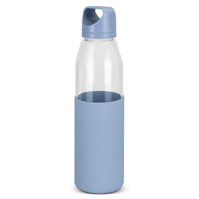 A drink bottle featuring a clear glass body with a light blue silicone sleeve and cap. It has a logo visible.