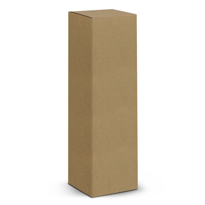 A tall, brown, kraft paper box with a plain design, featuring a sealed top.