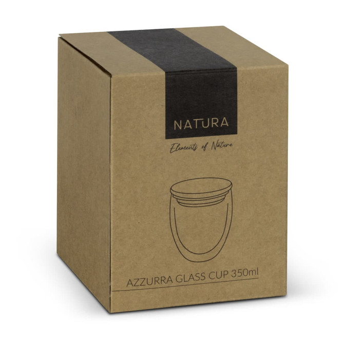 A boxed NATURA Azzurra Glass Cup in a natural brown cardboard package, featuring a simple design and a logo.