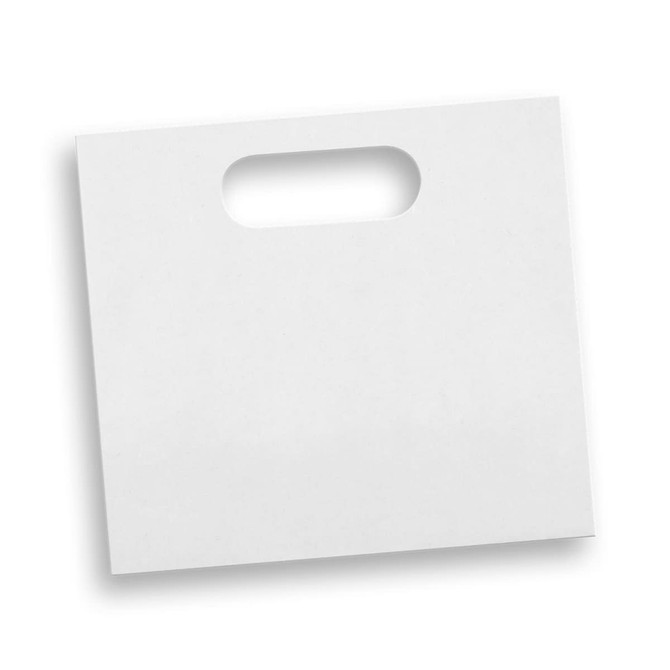 A medium die cut paper bag in white with a handle, featuring a smooth surface and rectangular shape.