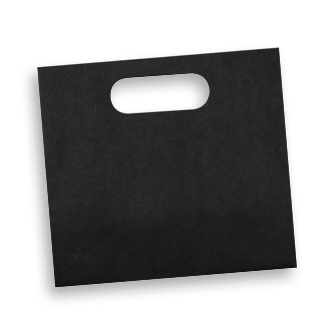 A medium die-cut paper bag in black with a handle, featuring a smooth surface and no visible branding.