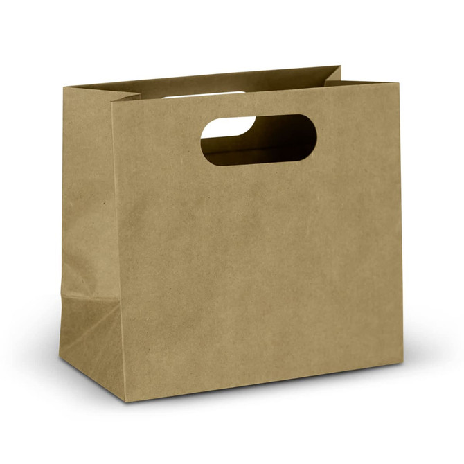 A medium, landscape-shaped die-cut paper bag in a natural brown colour, featuring cut-out handles.