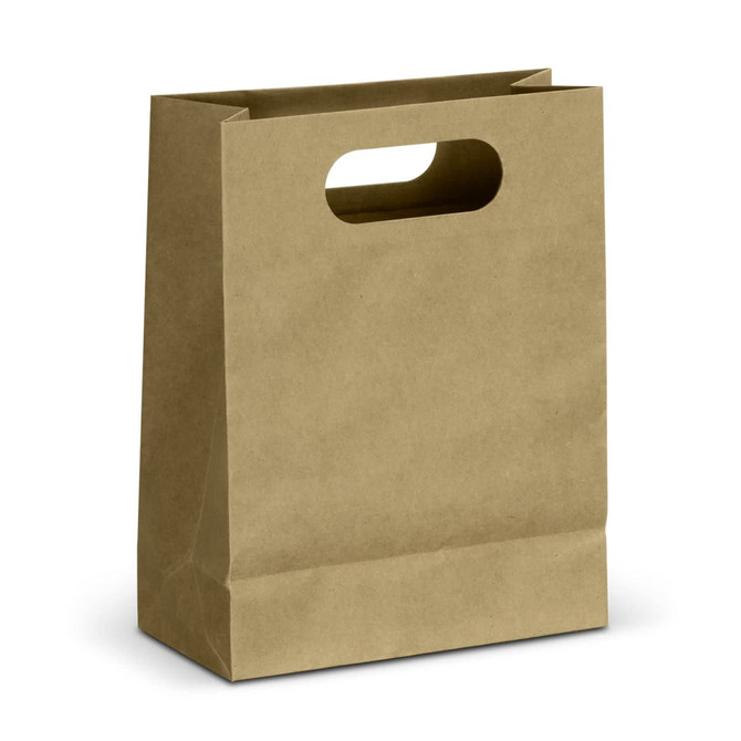 A medium die-cut paper bag in a natural brown colour with a handle at the top. It features a logo on one side.