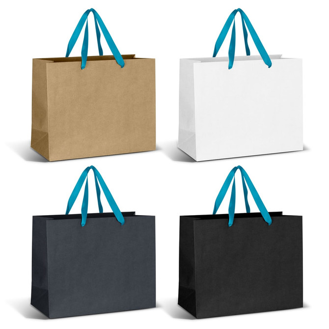A large paper bag collection featuring brown, white, and black options with turquoise ribbon handles.