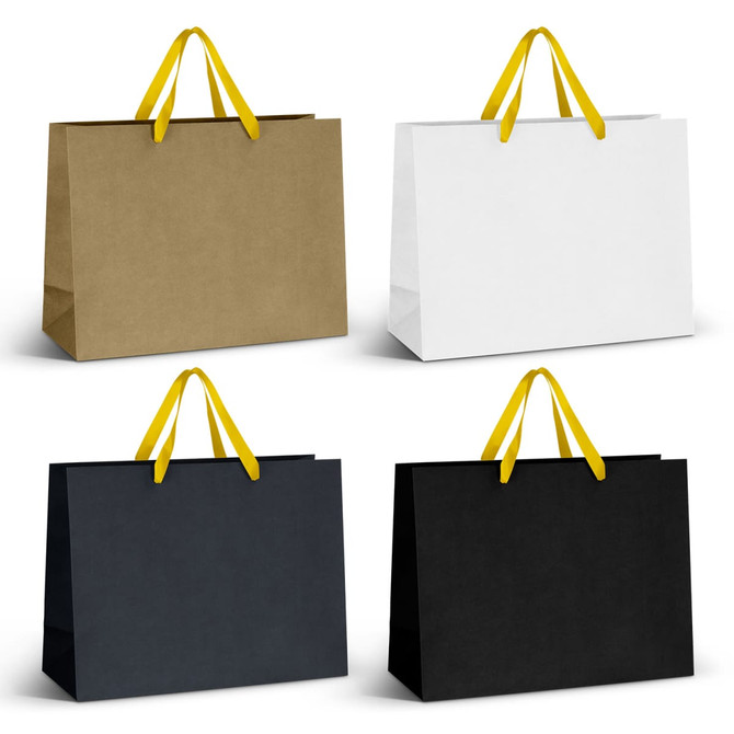Four extra large ribbon handle paper bags in kraft, white, black, and navy colours, each featuring yellow handles.
