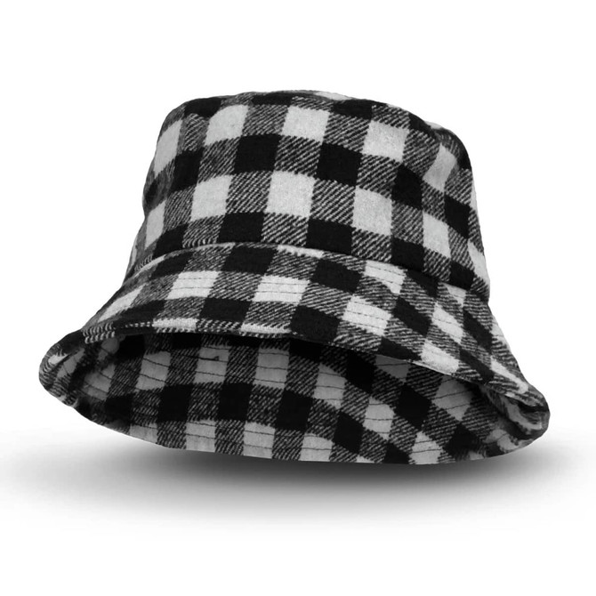 A black and white checkered bucket hat with a wide brim and a branded logo on the side.