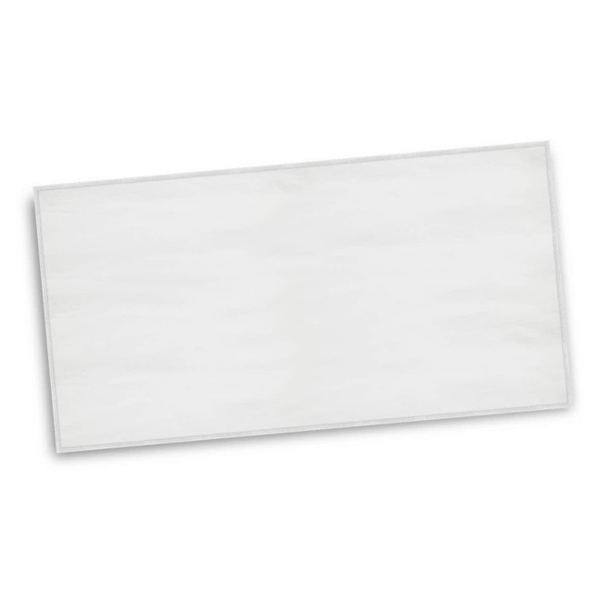 A large white beach towel with a smooth texture and a simple design. It features a branding logo.