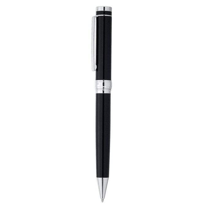 A sleek black metal ballpoint pen with silver accents and a clip, featuring a logo on its body.