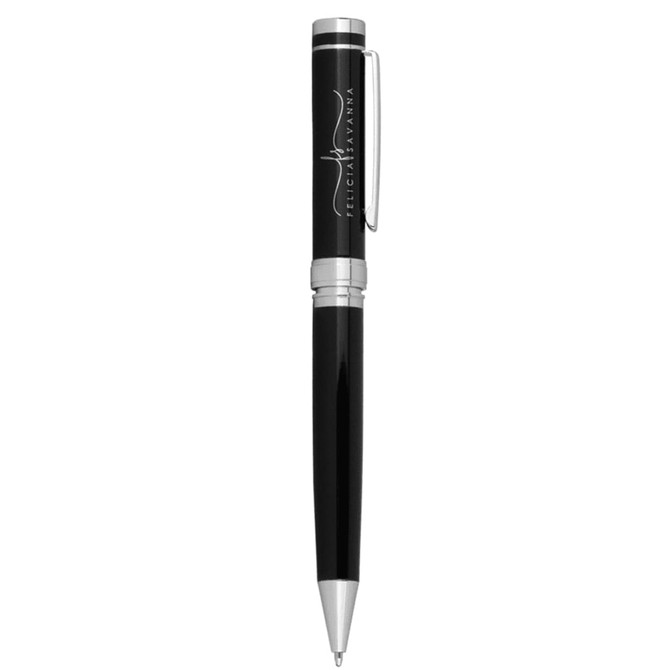 A sleek black metal ballpoint pen with silver accents and a clip, featuring a logo on its barrel.