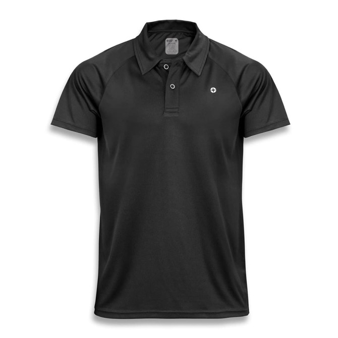 A black polo shirt with a collar, short sleeves, and a logo on the side.