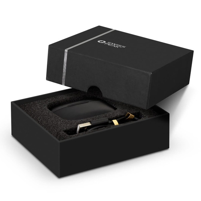 A black box containing Swiss Peak ANC TWS earbuds, with gold accents and a soft inner lining.