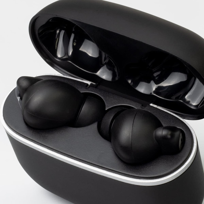 A black case with a pair of black TWS earbuds inside, showcasing a sleek and modern design.