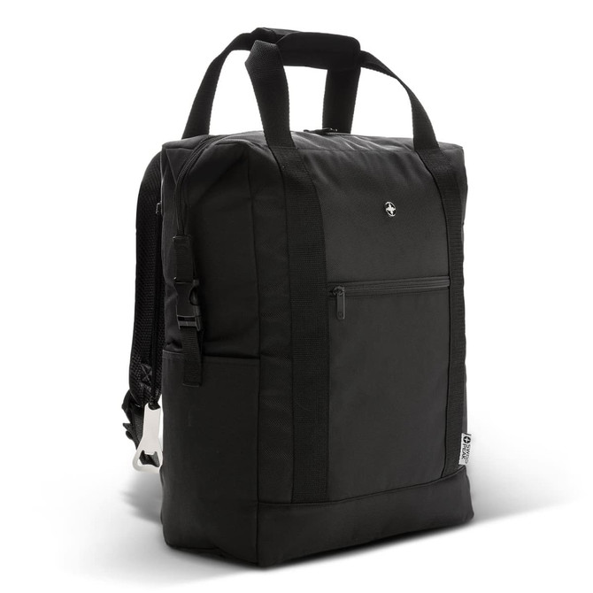 A black cooler totepac with carry handles, shoulder straps, and a front zippered pocket. It features a logo.