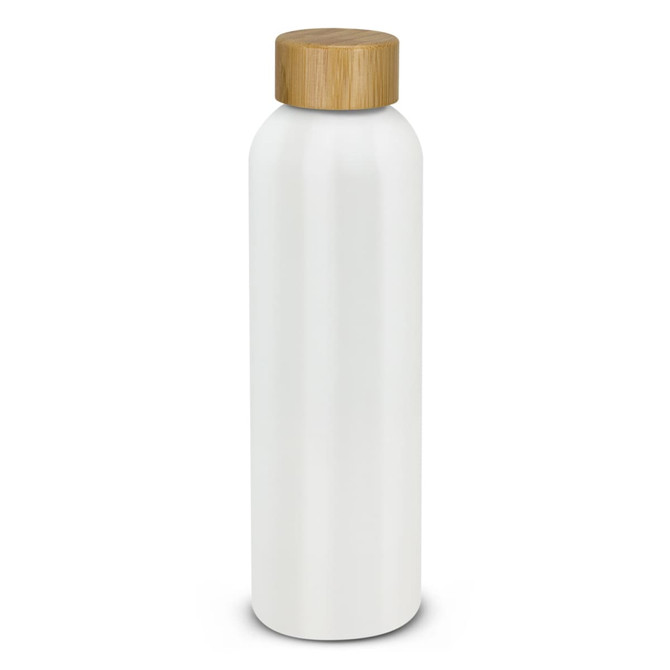 A drink bottle in white with a bamboo lid, featuring a sleek design and a logo on the side.