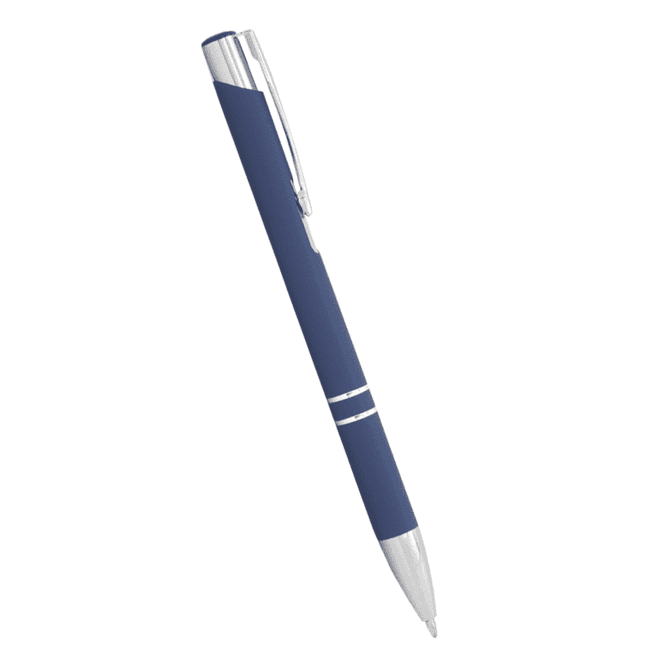 A blue metal ballpoint pen with a silver clip and accents, featuring a smooth click action mechanism.