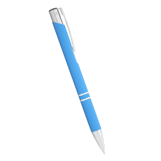A blue metal ballpoint pen featuring a silver clip and accents. The pen has a textured grip for comfort.