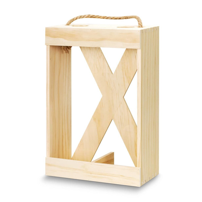 A wooden wine crate in natural finish, featuring an open design and a rope handle for easy carrying.