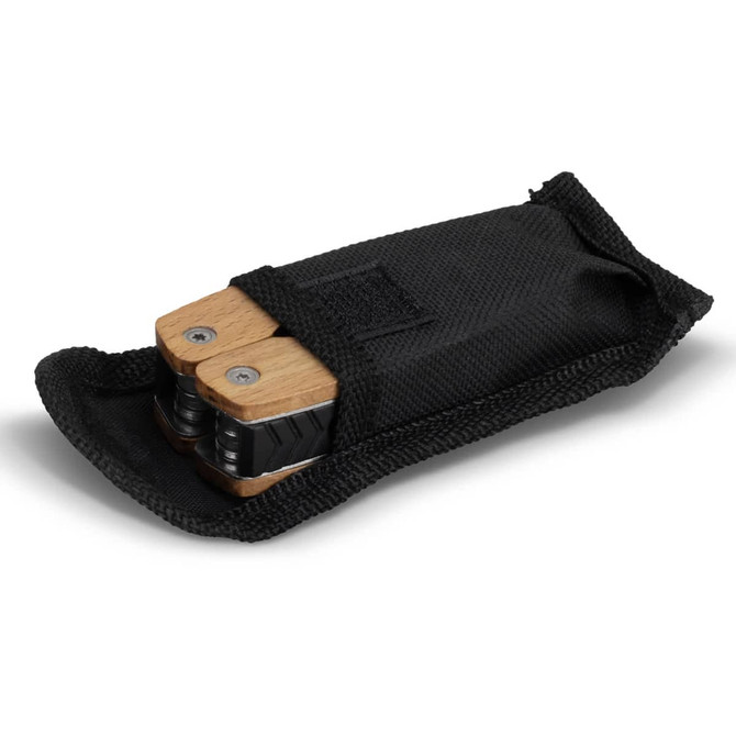 A wooden multi-tool in a black carry pouch, featuring wooden handles and a sleek design.