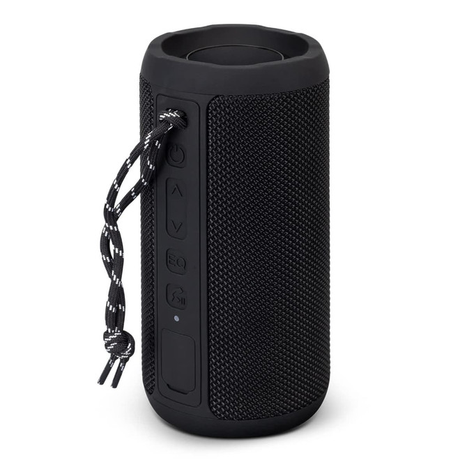 A black cylindrical Bluetooth speaker with textured surface and controls on the side, featuring a decorative strap.