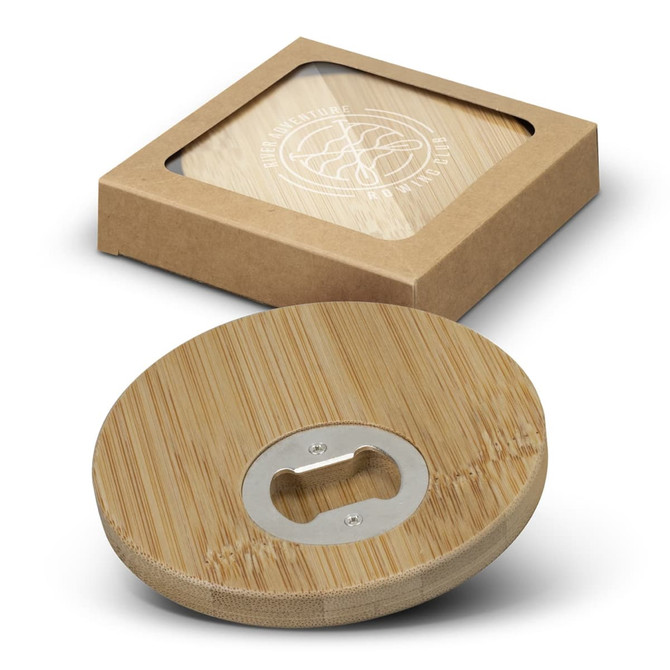 A round bamboo bottle opener coaster set of two, featuring a silver opener, packaged in a brown box.