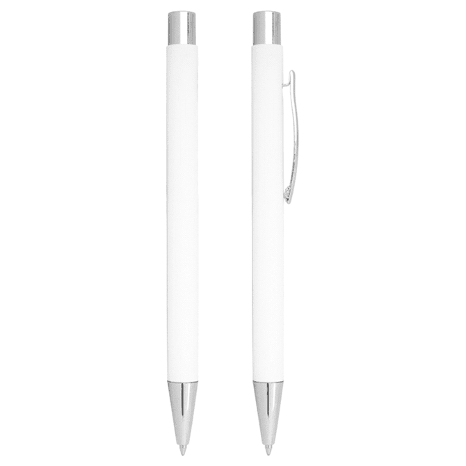 A white metal ballpoint pen with chrome accents and a clip, featuring a sleek click action design.