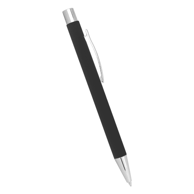 A black metal ballpoint pen with a silver clip and tip, featuring a sleek design and logo.