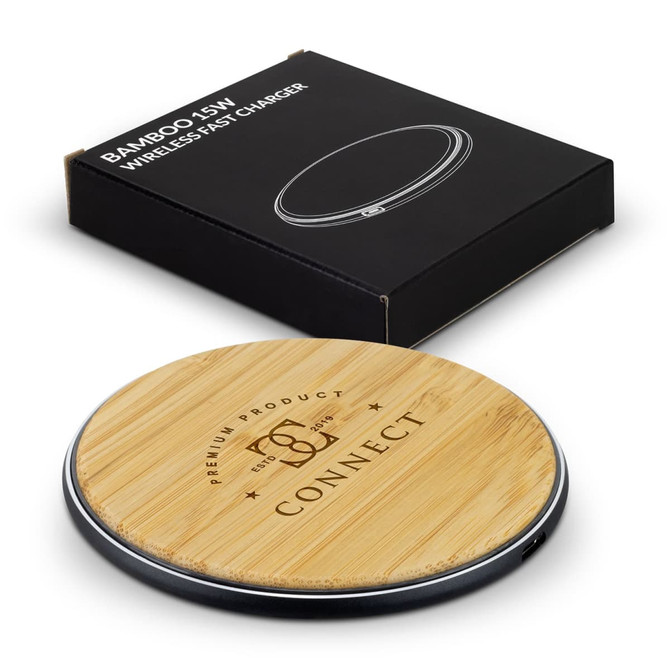 A bamboo wireless fast charger with a sleek circular design and a black packaging box featuring branding.