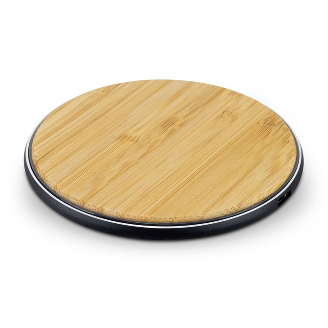 A round, bamboo wireless fast charger with a sleek black base.