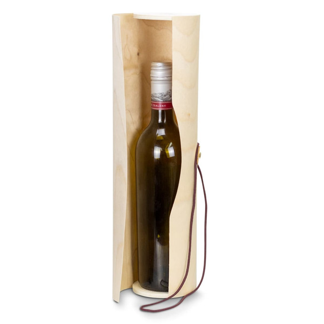 A drink bottle in a wooden tube with a leather strap, featuring a silver cap and dark green liquid inside.